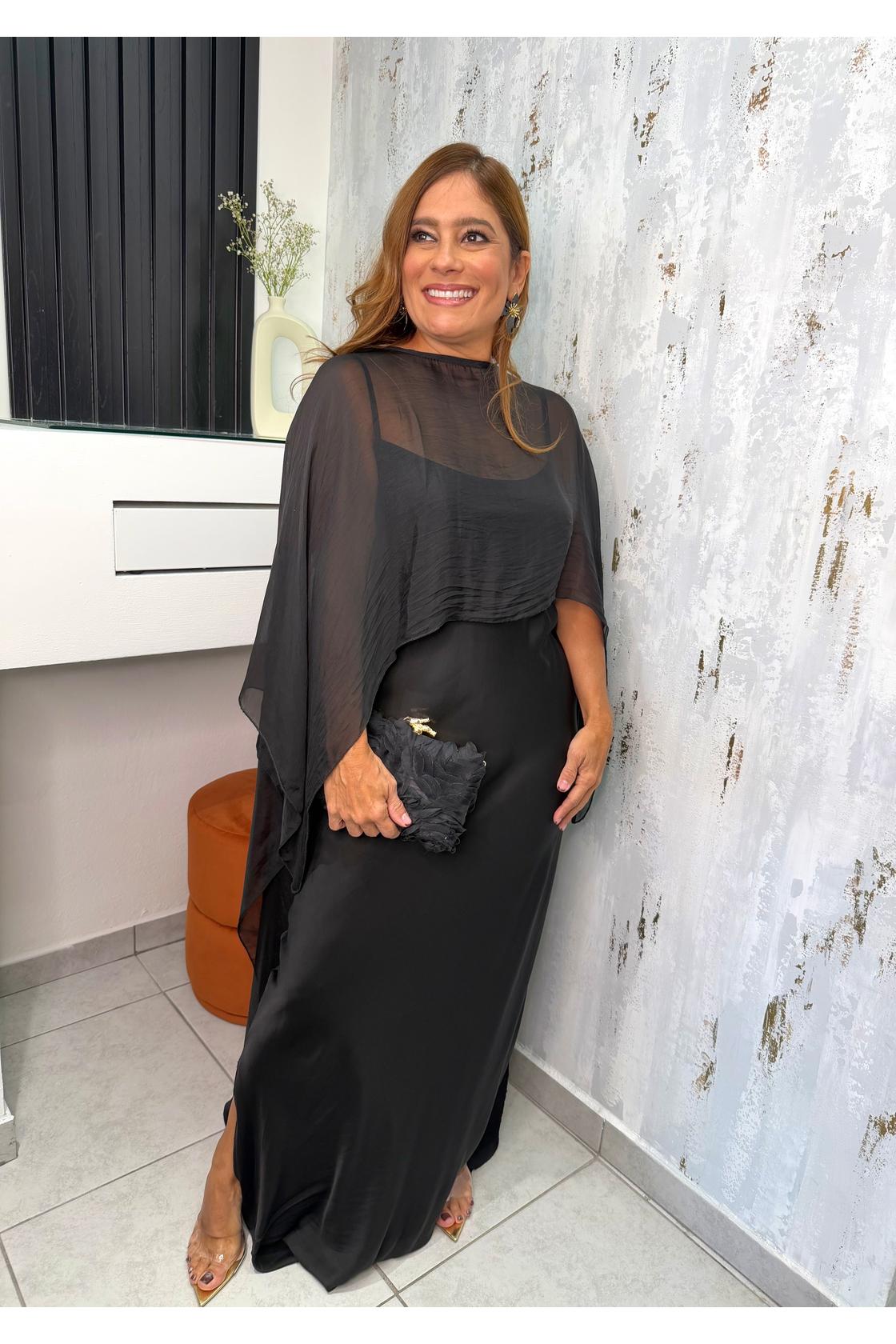 Chiffon Asymmetric Poncho Top & Maxi Dress Satin